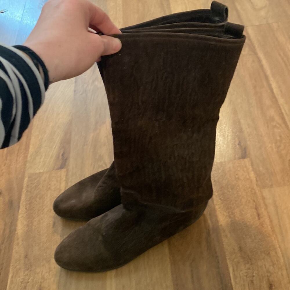 Susan Bennis/Warren Edwards Brown Suede Mid-Calf Flat Boots w/ Fur Lining Sz 9.5